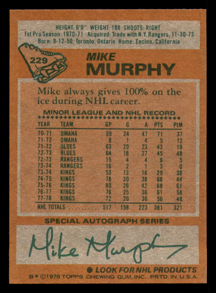 1978-79 Topps #229 Mike Murphy Near Mint  ID: 366775