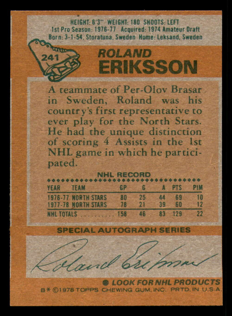1978-79 Topps #241 Roland Eriksson Near Mint  ID: 366799