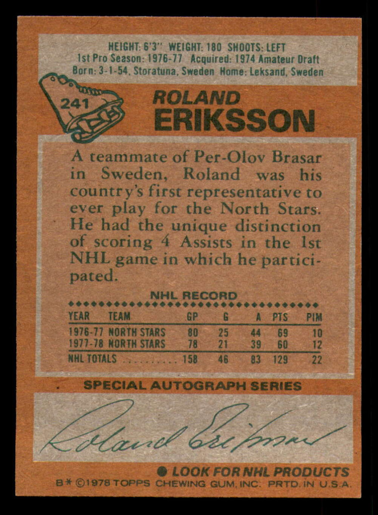 1978-79 Topps #241 Roland Eriksson Near Mint  ID: 366801