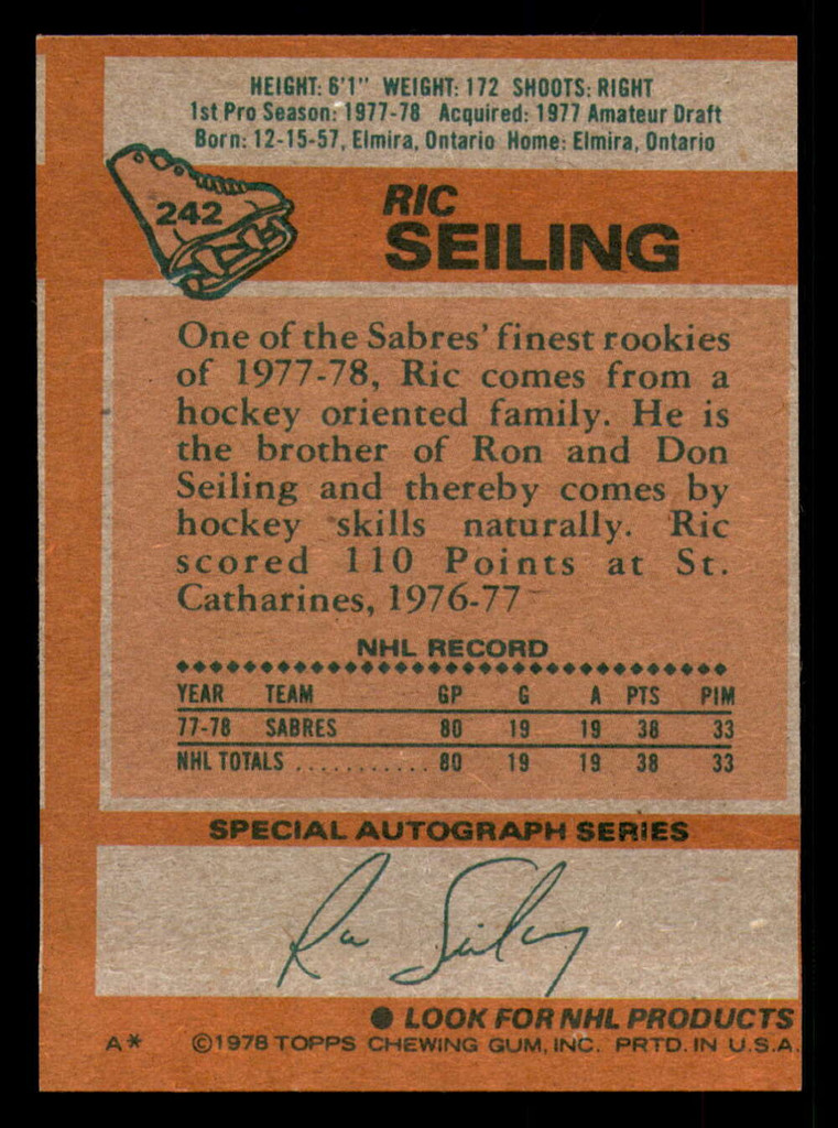 1978-79 Topps #242 Ric Seiling Near Mint RC Rookie  ID: 366803