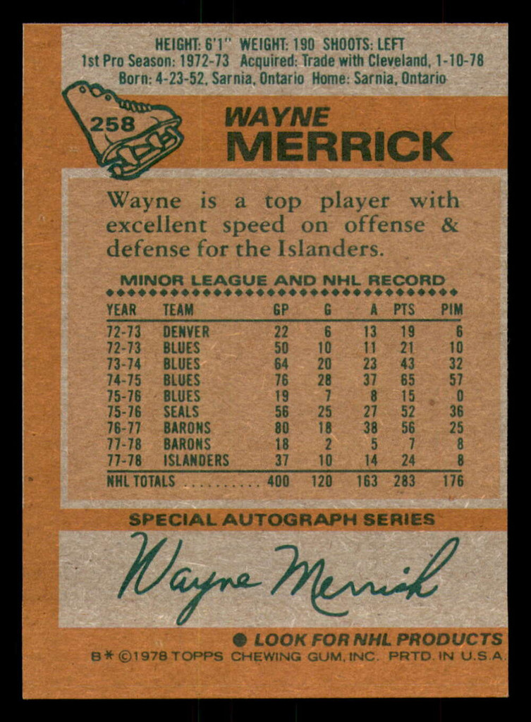 1978-79 Topps #258 Wayne Merrick Near Mint  ID: 366847