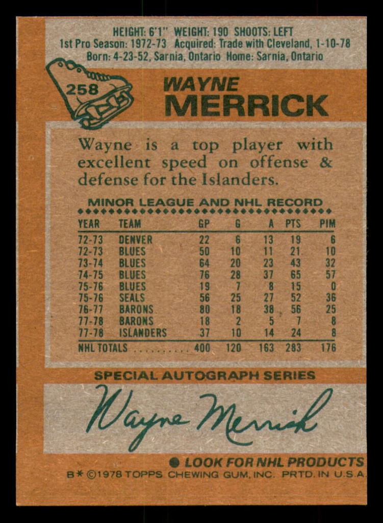 1978-79 Topps #258 Wayne Merrick Near Mint  ID: 366848