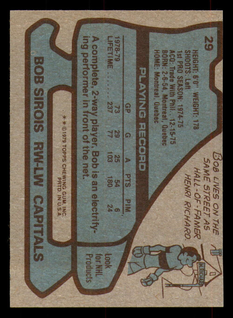 1979-80 Topps #29 Bob Sirois Near Mint+  ID: 366904