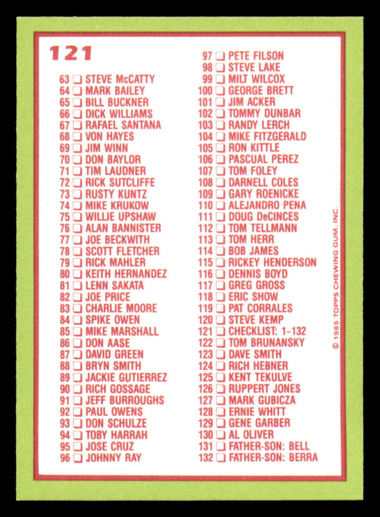 1985 Topps Tiffany #121 Checklist: 1-132 NM-Mint 