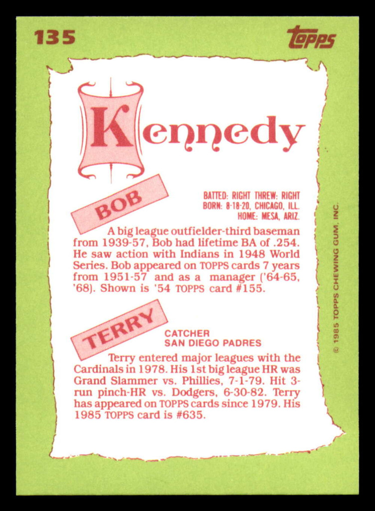 1985 Topps Tiffany #135 Terry Kennedy/Bob Kennedy NM-Mint 