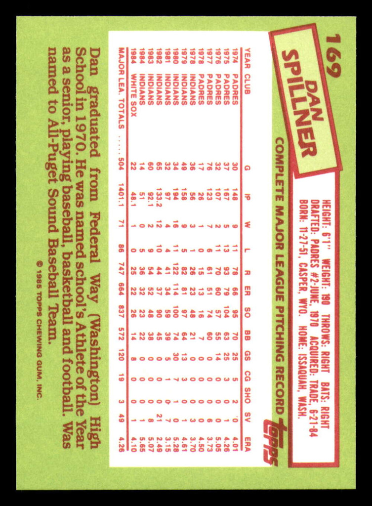 1985 Topps Tiffany #169 Dan Spillner NM-Mint 