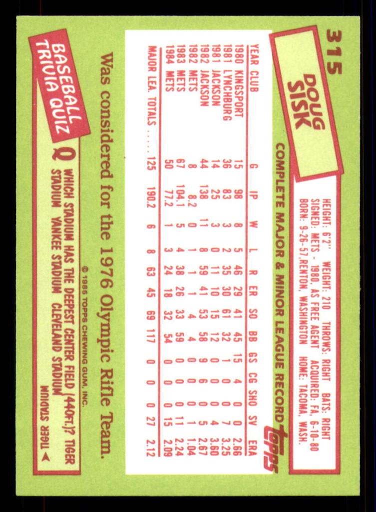 1985 Topps Tiffany #315 Doug Sisk NM-Mint 