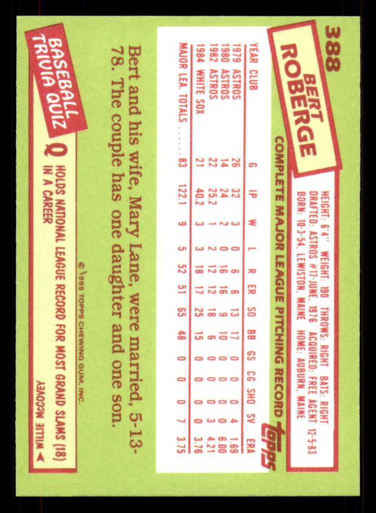 1985 Topps Tiffany #388 Bert Roberge NM-Mint 