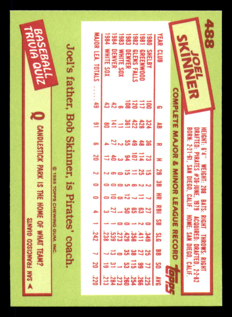 1985 Topps Tiffany #488 Joel Skinner NM-Mint 