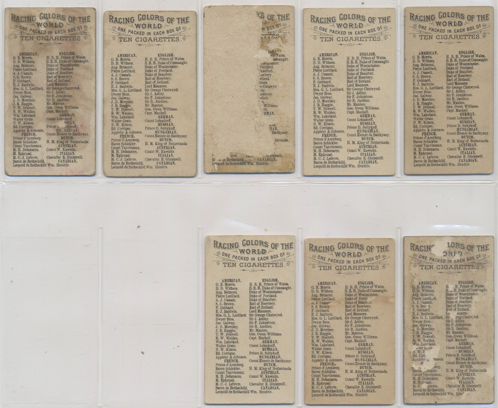 1888 Allen & Ginter N22 Racing Colors Of The World 23/50 Boarders &  9/50No Boarders   #*