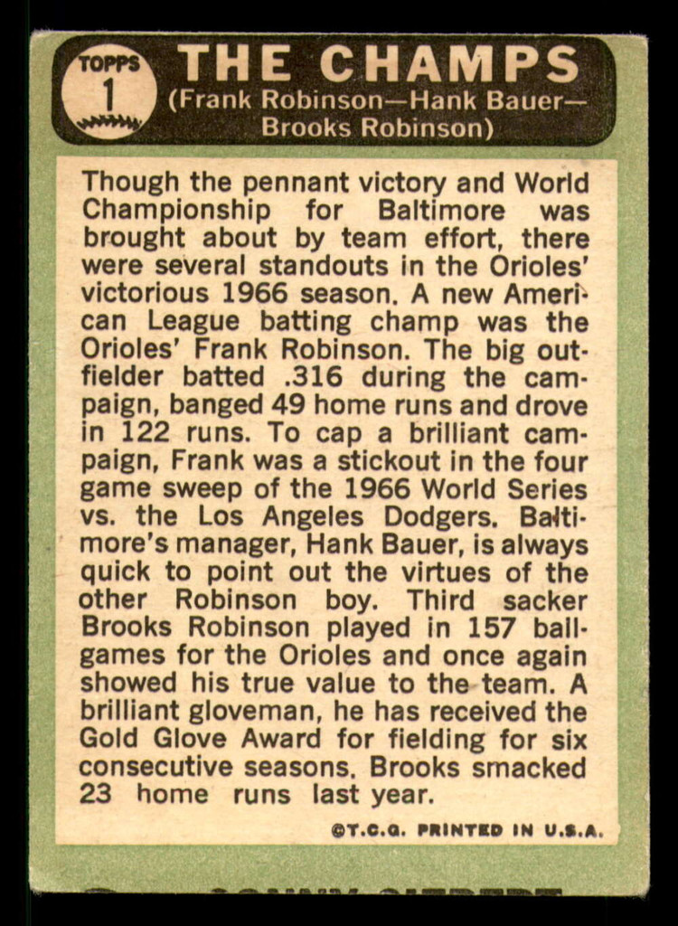 1967 Topps #1 Frank Robinson/Hank Bauer/Brooks Robinson The Champs DP  ID:368406