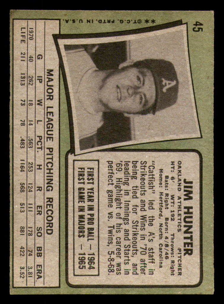 1971 Topps #45 Jim Hunter Excellent+  ID: 368540
