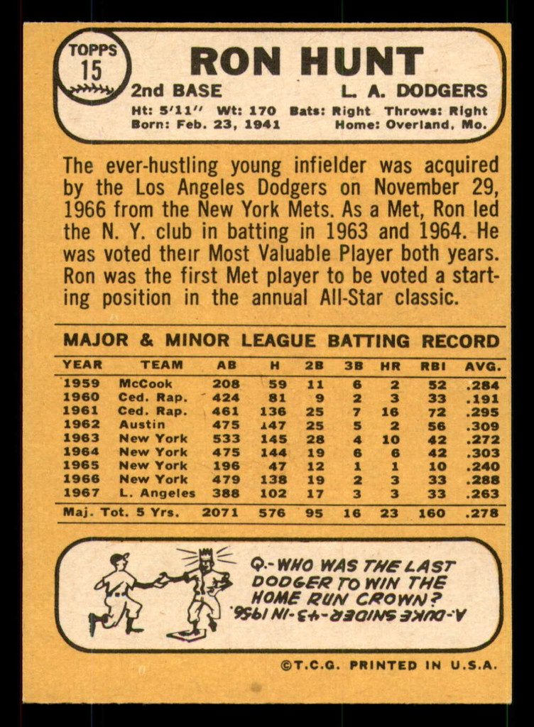 1968 Topps #15 Ron Hunt Ex-Mint 