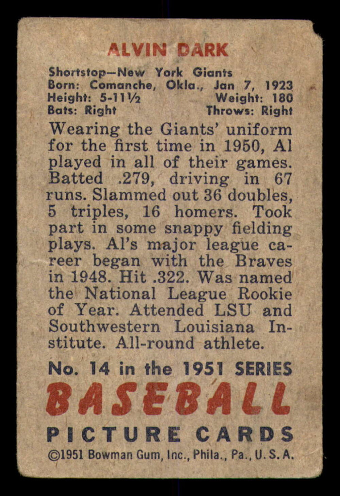 1951 Bowman #14 Alvin Dark UER Good 