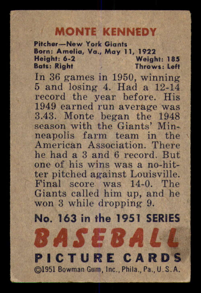 1951 Bowman #163 Monte Kennedy Very Good 