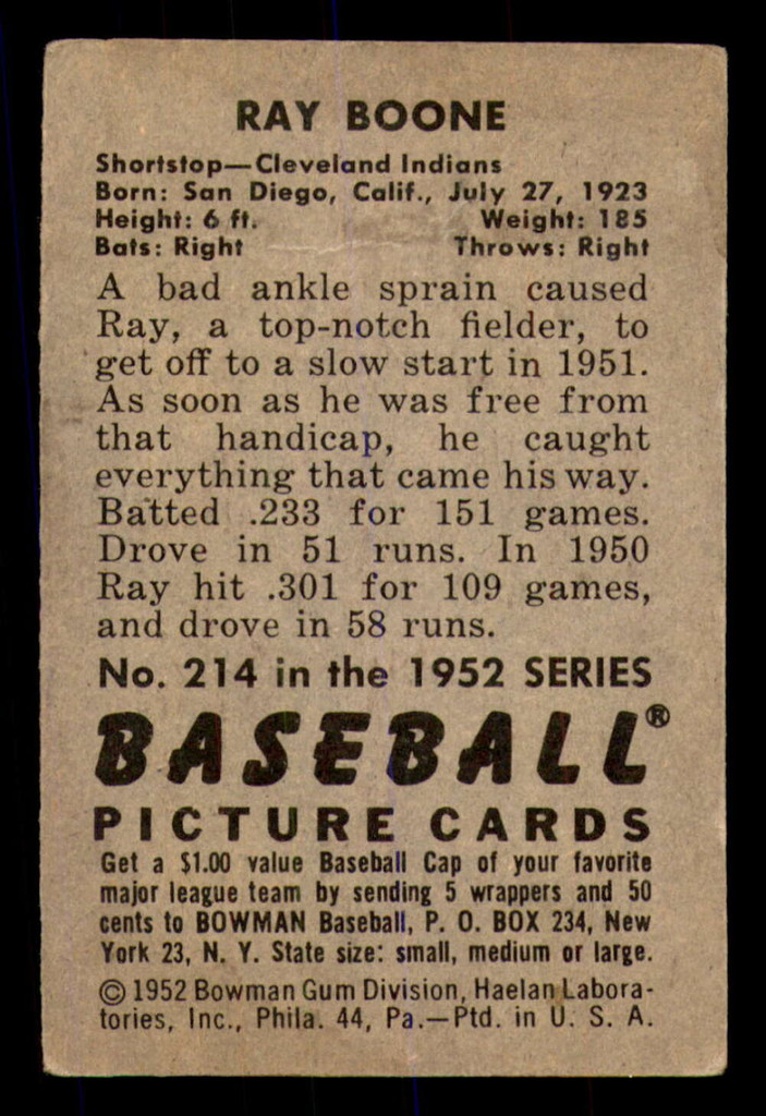 1952 Bowman #214 Ray Boone Very Good  ID: 369145