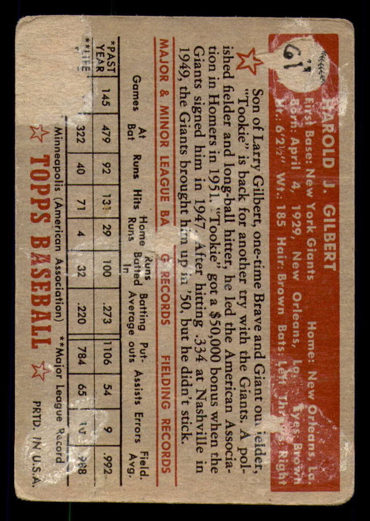 1952 Topps #61 Tookie Gilbert Poor  ID: 369170