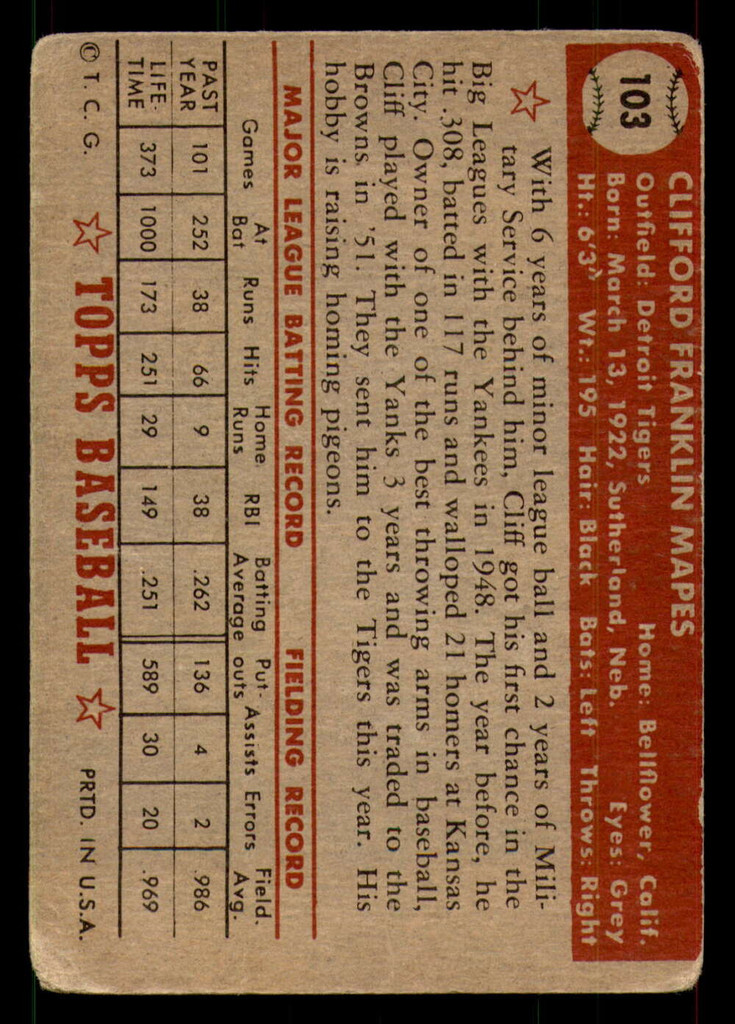 1952 Topps #103 Cliff Mapes Good  ID: 369179