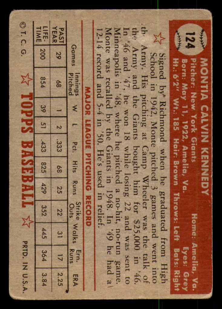 1952 Topps #124 Monte Kennedy Good  ID: 369188