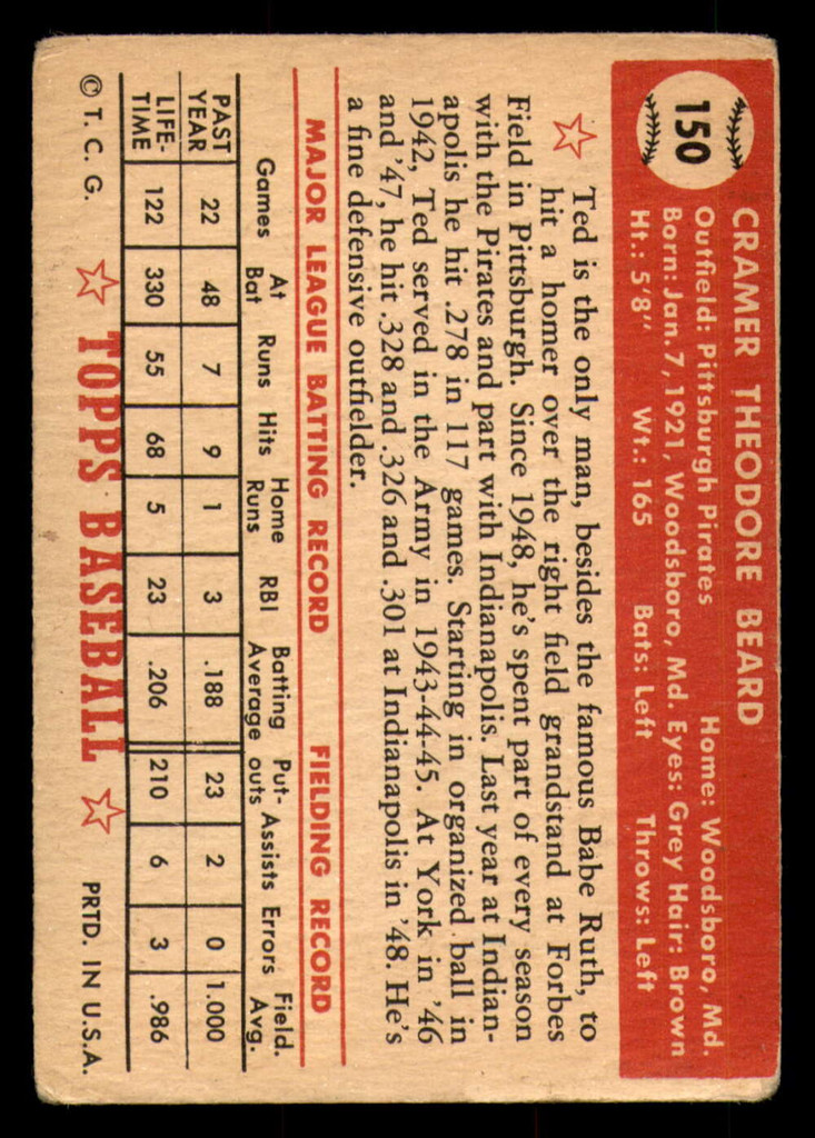 1952 Topps #150 Ted Beard Poor 