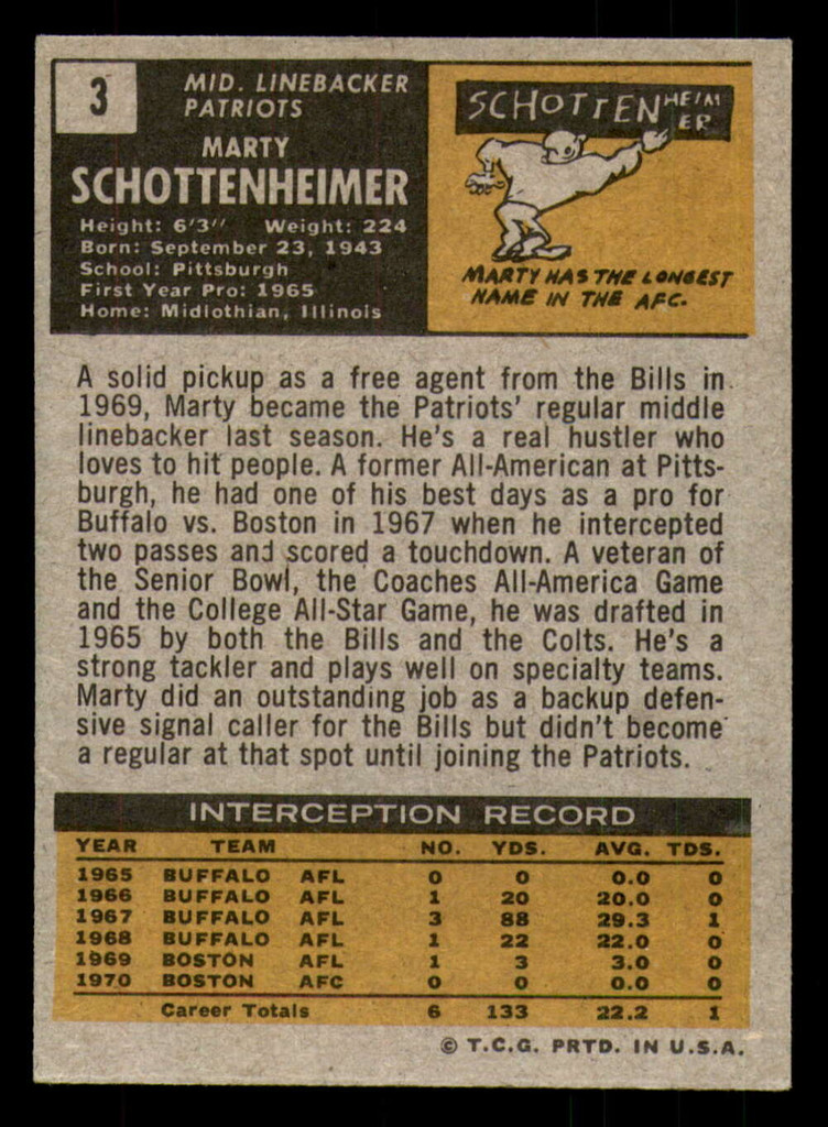 1971 Topps #3 Marty Schottenheimer Excellent+ RC Rookie  ID: 369260