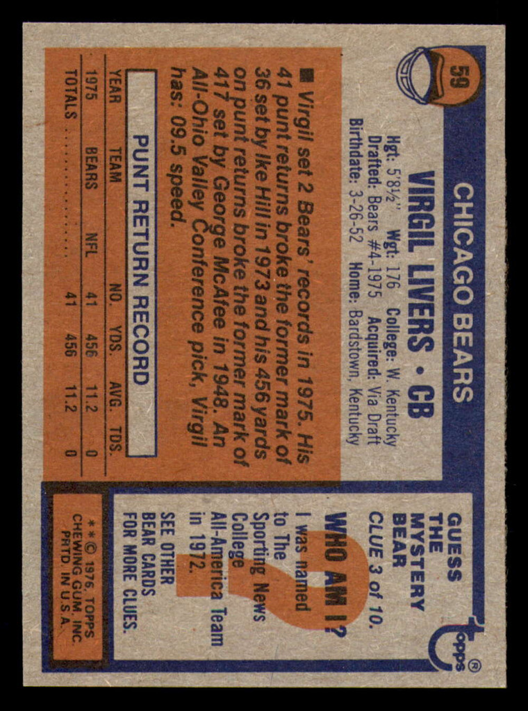 1976 Topps #59 Virgil Livers Near Mint 