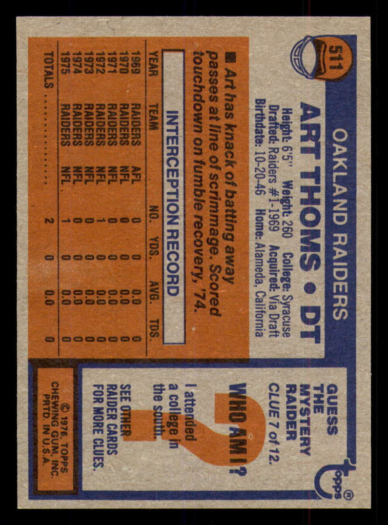 1976 Topps #511 Art Thoms Near Mint 