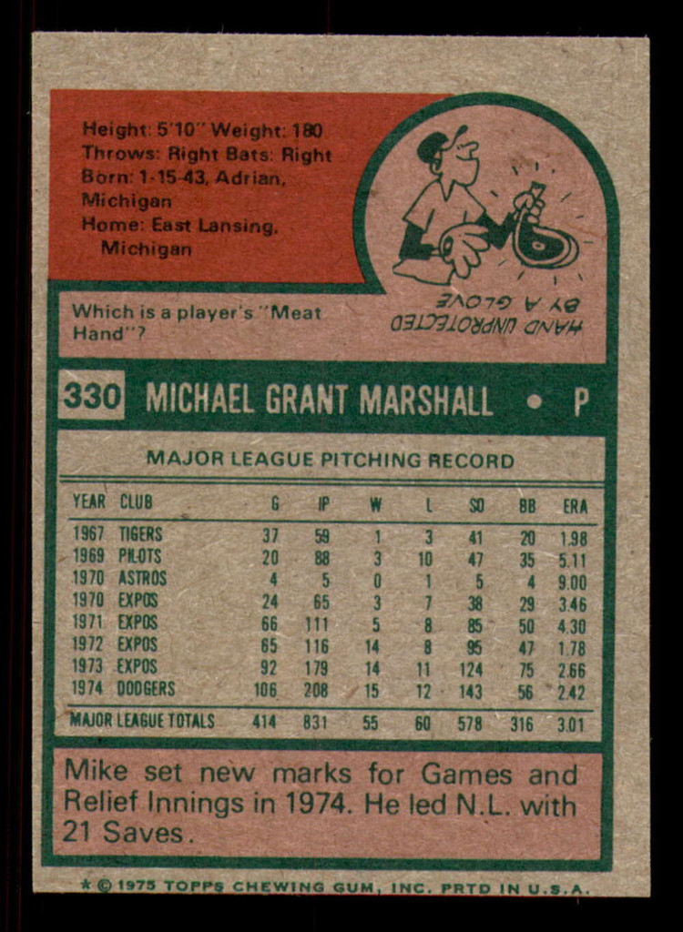 1975 Topps Mini #330 Mike Marshall Miscut Dodgers