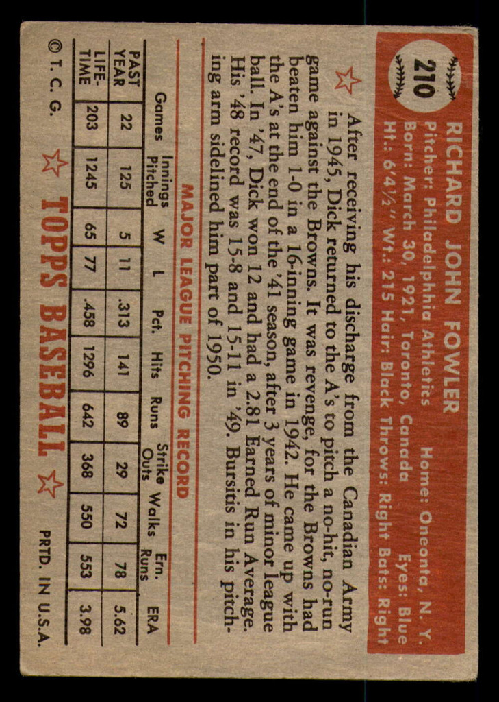 1952 Topps #210 Dick Fowler Good  ID: 371434