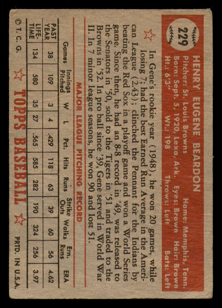 1952 Topps #229 Gene Bearden UER Good 