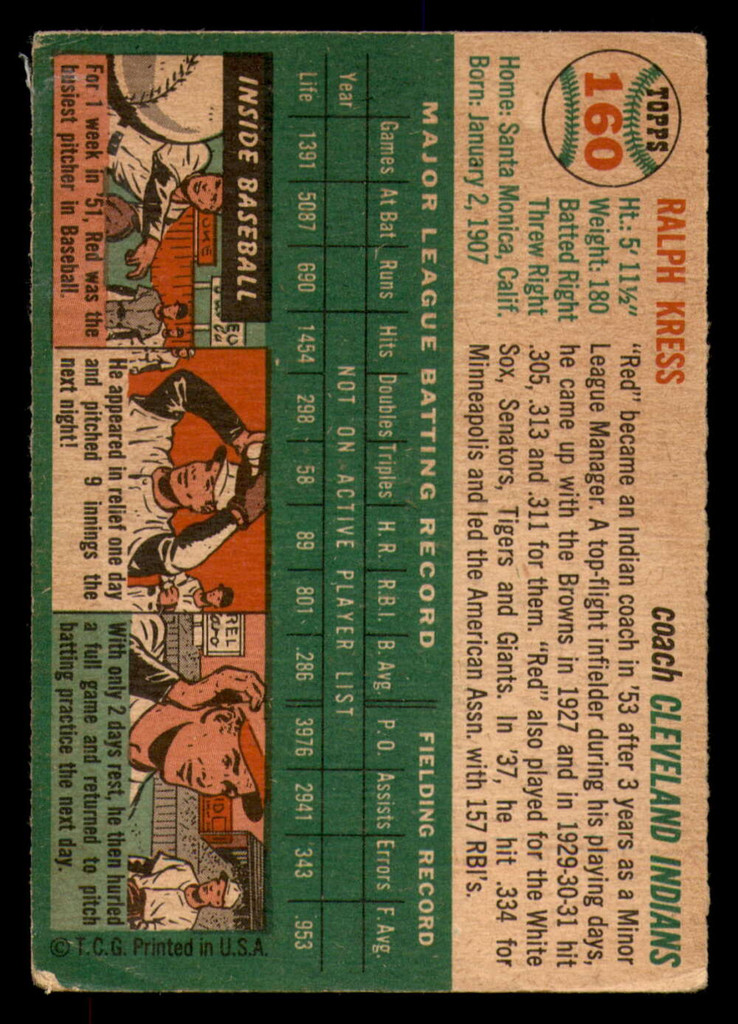 1954 Topps #160 Red Kress CO Good  ID: 371651