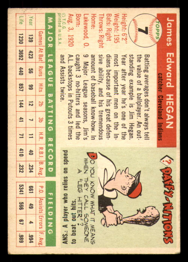 1955 Topps #7 Jim Hegan Excellent  ID: 371724