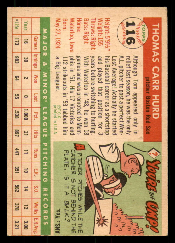 1955 Topps #116 Tom Hurd Very Good RC Rookie  ID: 371739