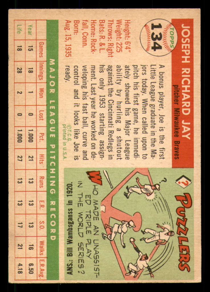 1955 Topps #134 Joe Jay Very Good  ID: 371749