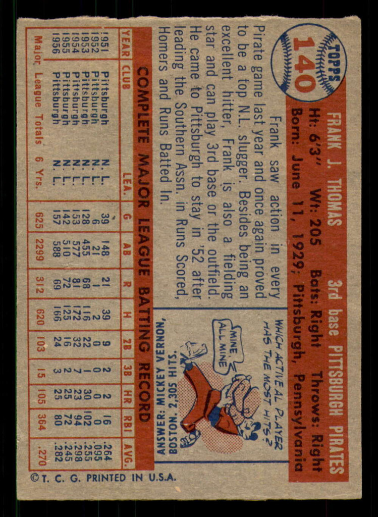 1957 Topps #140 Frank Thomas Excellent  ID: 371767