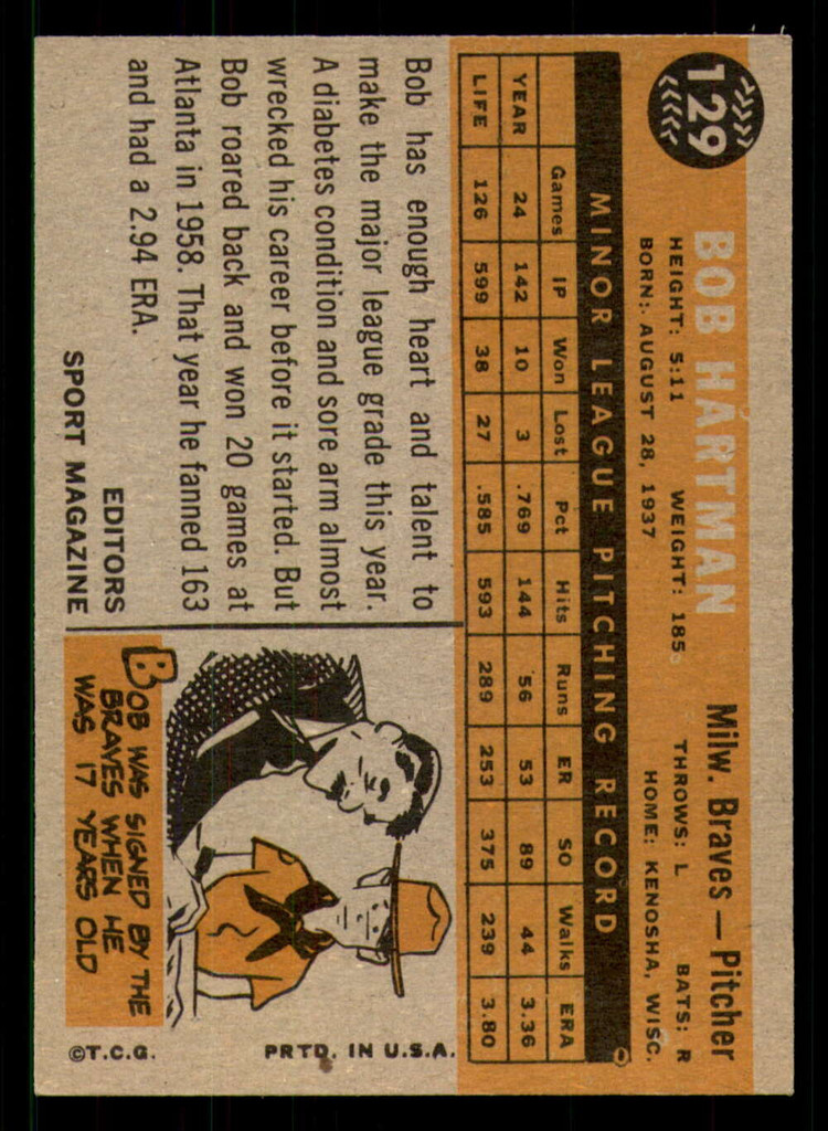 1960 Topps #129 Bob Hartman RS Ex-Mint  ID: 371797
