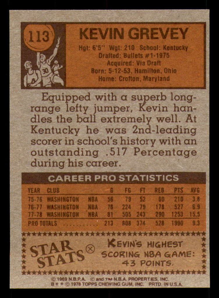 1978-79 Topps #113 Kevin Grevey Near Mint 