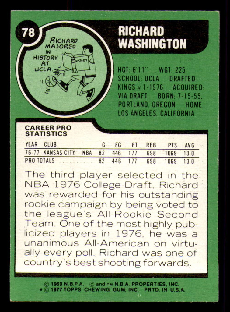 1977-78 Topps #78 Richard Washington Near Mint RC Rookie  ID: 372124