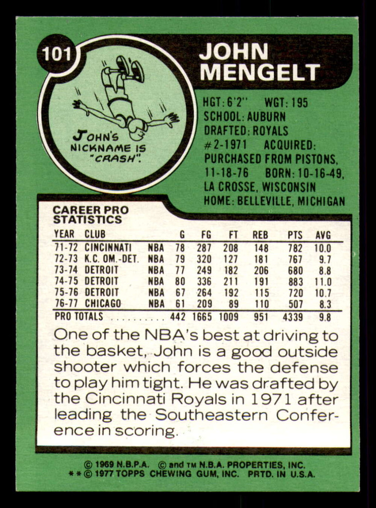 1977-78 Topps #101 John Mengelt Near Mint+  ID: 372180