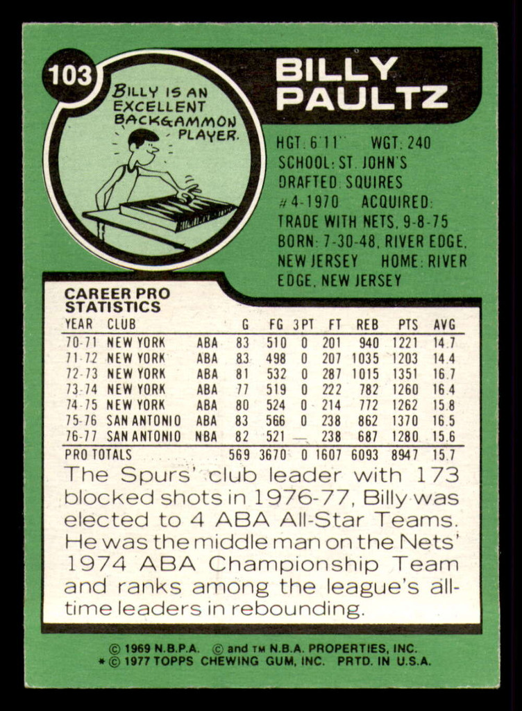 1977-78 Topps #103 Billy Paultz Ex-Mint  ID: 372184