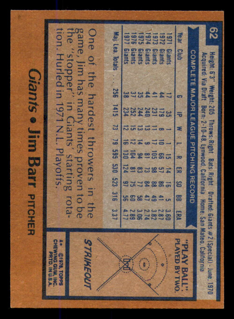 1978 Topps #62 Jim Barr Ex-Mint  ID: 372284
