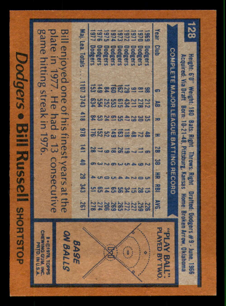 1978 Topps #128 Bill Russell Miscut Dodgers