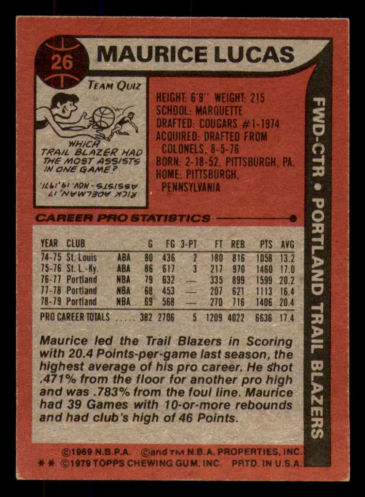 1979-80 Topps #26 Maurice Lucas Ex-Mint 