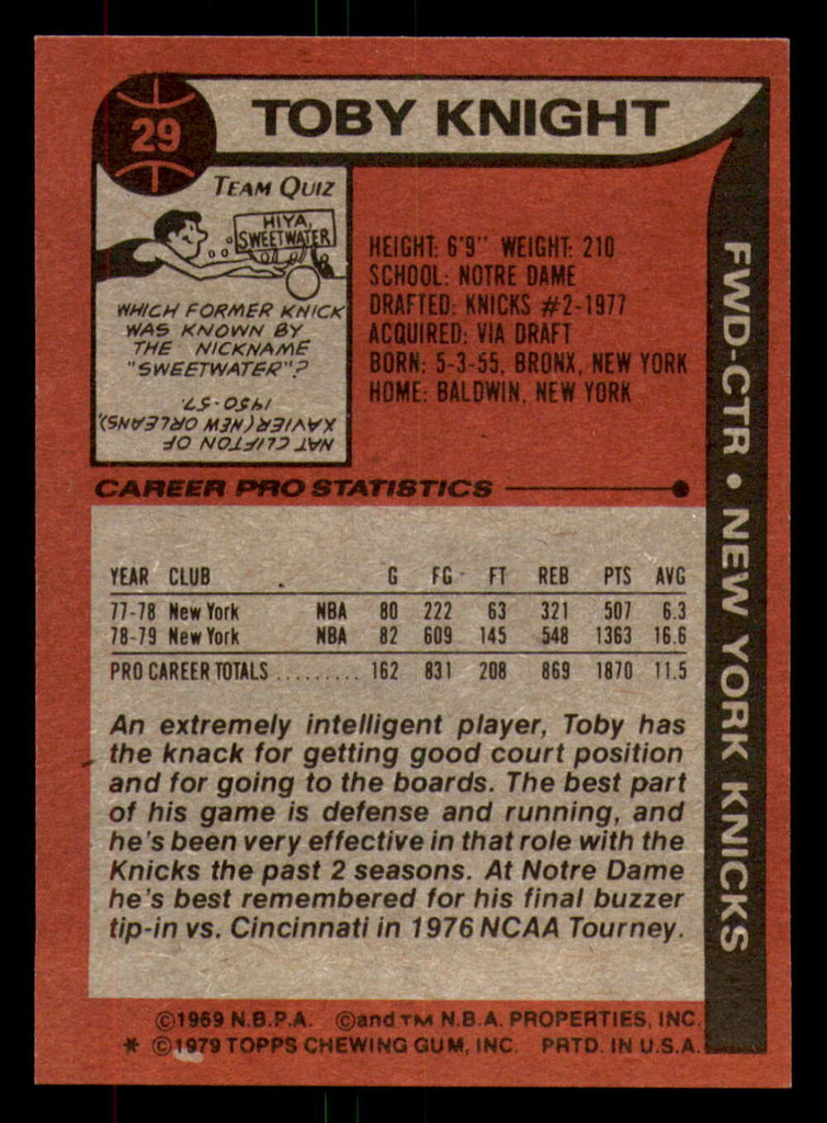 1979-80 Topps #29 Toby Knight Near Mint+ 