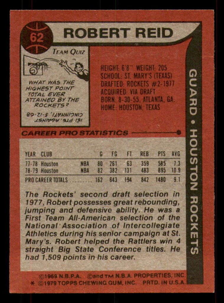 1979-80 Topps #62 Robert Reid Ex-Mint RC Rookie  ID: 373553