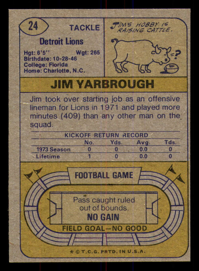 1974 Topps #24 Jim Yarbrough Miscut Lions ID:373767
