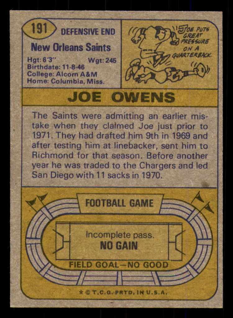 1974 Topps #191 Joe Owens Near Mint+ RC Rookie 