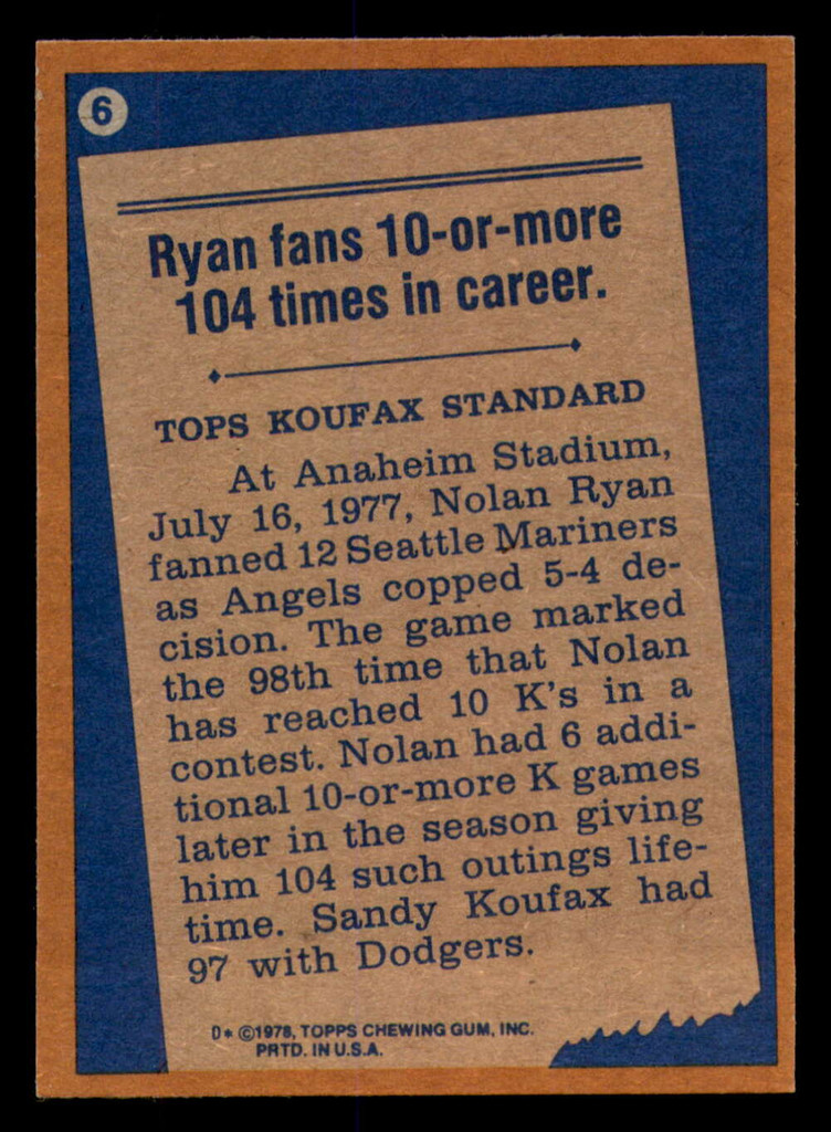1978 Topps #6 Nolan Ryan RB Near Mint+ 