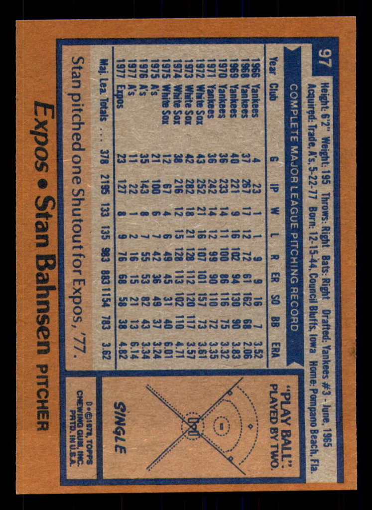 1978 Topps #97 Stan Bahnsen Near Mint  ID: 374332