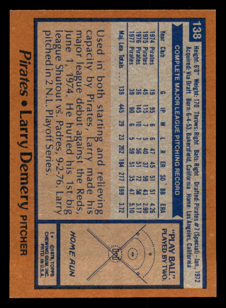 1978 Topps #138 Larry Demery Near Mint+  ID: 374451
